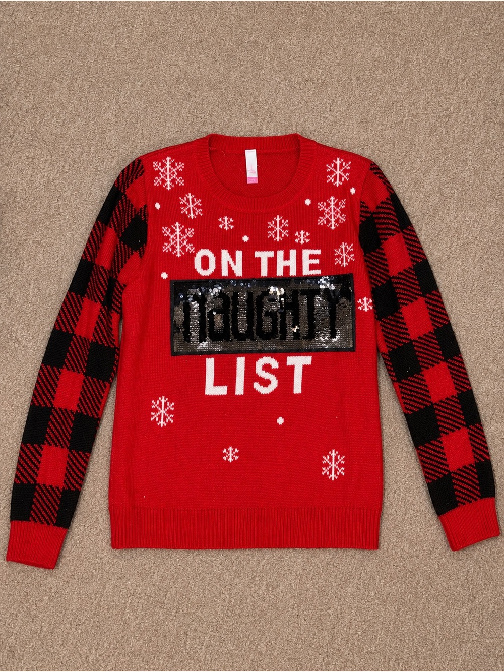 Women’s Christmas Sweater - Sequin Buffalo Plaid Ugly Christmas Sweater